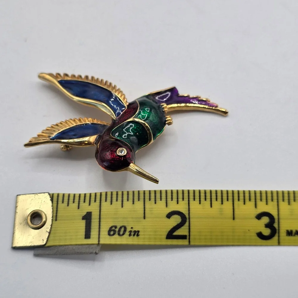 Vintage Style Enamel Hummingbird Brooch Gold Tone Multicolor Bird Pin Unique